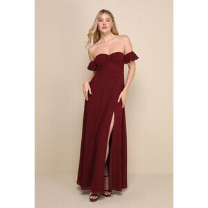 Lulus Absolute Romance Burgundy Off-the-shoulder Maxi Dress Red - Size S